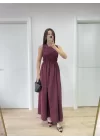 Kolsuz Göğüs Lastıklı Uzun Elbise - Bordo