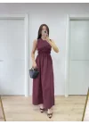 Kolsuz Göğüs Lastıklı Uzun Elbise - Bordo