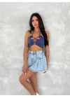 Kot Jeans Kesimetrik Kesim Cepli Şortlu Etek - Mavi
