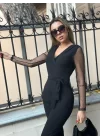 Krep Kumaş Kol Tül Puan Detaylı Kuşaklı Tulum 141 Cm