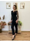 Krep Kumaş Kol Tül Puan Detaylı Kuşaklı Tulum 141 Cm