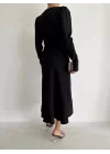 Krep Kumaş Midi Boy Kuşaklı Uzunkol Elbise 113 Cm