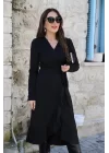 Krep Kumaş Midi Boy Kuşaklı Uzunkol Elbise 113 Cm
