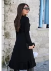 Krep Kumaş Midi Boy Kuşaklı Uzunkol Elbise 113 Cm