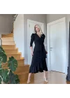 Krep Kumaş Midi Boy Kuşaklı Uzunkol Elbise 113 Cm