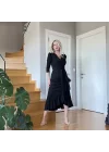 Krep Kumaş Midi Boy Kuşaklı Uzunkol Elbise 113 Cm