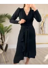 Krep Kumaş Midi Boy Kuşaklı Uzunkol Elbise 113 Cm