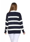 Kadın Lacivert Polo Yaka Çizgili Düğmeli Oversize Triko Kazak