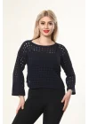 Kadın Lacivert Ajurlu Delikli Örgü Kayık Yaka Uzun Kollu Triko Bluz