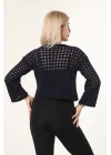 Kadın Lacivert Ajurlu Delikli Örgü Kayık Yaka Uzun Kollu Triko Bluz