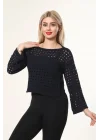 Kadın Lacivert Ajurlu Delikli Örgü Kayık Yaka Uzun Kollu Triko Bluz