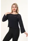 Kadın Lacivert Ajurlu Delikli Örgü Kayık Yaka Uzun Kollu Triko Bluz