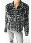 Leopar Desen Jakarlı Hırka - Siyah-Açık Gri