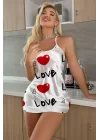Love Desenli Beyaz Saten Gecelik