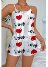 Love Desenli Beyaz Saten Şortlu Gecelik Takım
