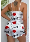 Love Desenli Beyaz Saten Şortlu Gecelik Takım