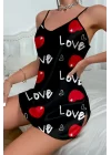 Love Desenli Siyah Saten Gecelik