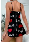 Love Desenli Siyah Saten Gecelik