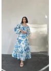Mavi Arkası Gipeli Uzun Elbise