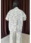 Mavi Leopar Desenli Ceket Ve Pantolon Keten Takım