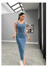 Mavi Likralı Kot Jile Elbise