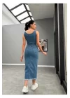 Mavi Likralı Kot Jile Elbise