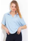 Mavi Oversize Polo Yaka Örme Bluz 0486