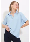 Mavi Oversize Polo Yaka Örme Bluz 0486