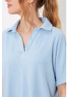 Mavi Oversize Polo Yaka Örme Bluz 0486