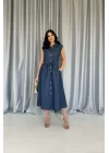 Mavi Tencel Çıtçıtlı Elbise