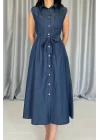 Mavi Tencel Çıtçıtlı Elbise