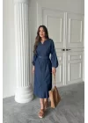 Mavi Tencel Uzun Kollu Elbise