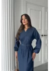 Mavi Tencel Uzun Kollu Elbise