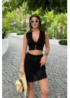 Melua Kroşe Crop Yelek Takım 9858