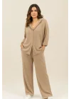 MetuCa Kadın Bej Pamuk Bürümcük Takım Gömlek ve Beli Lastikli Geniş Paça Pantolon