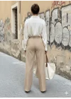 MetuCa Kadın Bej Yüksek Bel Pensli Palazzo Geniş Paça Dökümlü Dokuma Kumaş Pantolon
