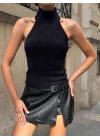 MetuCa Kadın Siyah Balıkçı Halter Yaka Sırtı Açık Yumuşak Dokulu Tüylü Triko Büstiyer Bluz