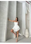 MetuCa Kadın Beyaz Askılı Sırtı Bağcıklı İçi Şortlu Dantel Mini Prenses Parti Elbisesi