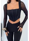 MetuCa Kadın Siyah Kare Yaka Uzun Transparan Tül Kollu Balenli Vücudu Saran Korse Crop Bluz