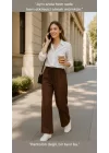 MetuCa Kadın Kahverengi Bol Paça Belmando Kumaş Beli Lastikli Pantolon - Yumuşak Doku Oversize Model