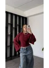 MetuCa Kadın Bordo Yüksek Yaka Dramatik Geniş Kollu Vücudu Saran Dalgıç Kumaş Crop Bluz