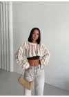 MetuCa Kadın Ekru Ajurlu Delikli Örgü Balon Kol Uzun Kollu Süper Crop Triko Kazak Bolero Bluz
