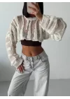 MetuCa Kadın Ekru Ajurlu Delikli Örgü Balon Kol Uzun Kollu Süper Crop Triko Kazak Bolero Bluz