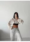 MetuCa Kadın Ekru Ajurlu Delikli Örgü Balon Kol Uzun Kollu Süper Crop Triko Kazak Bolero Bluz