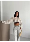 MetuCa Kadın Ekru Ajurlu Delikli Örgü Balon Kol Uzun Kollu Süper Crop Triko Kazak Bolero Bluz