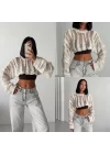 MetuCa Kadın Ekru Ajurlu Delikli Örgü Balon Kol Uzun Kollu Süper Crop Triko Kazak Bolero Bluz