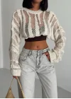 MetuCa Kadın Ekru Ajurlu Delikli Örgü Balon Kol Uzun Kollu Süper Crop Triko Kazak Bolero Bluz