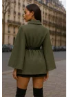 MetuCa Kadın Haki Gömlek Yaka Düğmeli Kemerli Oversize Kaşe Kumaş Pelerin Panço Ceket Kaban