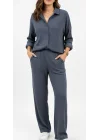 MetuCa Kadın İndigo Pamuk Bürümcük Takım Gömlek ve Beli Lastikli Geniş Paça Pantolon