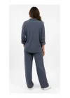MetuCa Kadın İndigo Pamuk Bürümcük Takım Gömlek ve Beli Lastikli Geniş Paça Pantolon